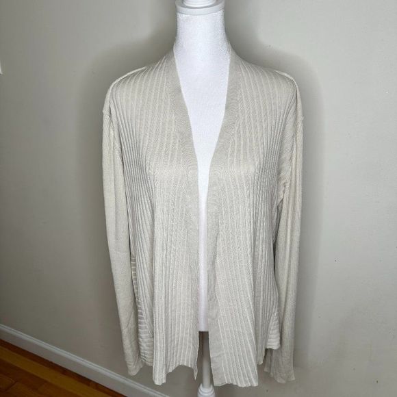 Eileen Fisher Silk & Organic Cotton Rib Cardigan Bone Size Large - Picture 1 of 5
